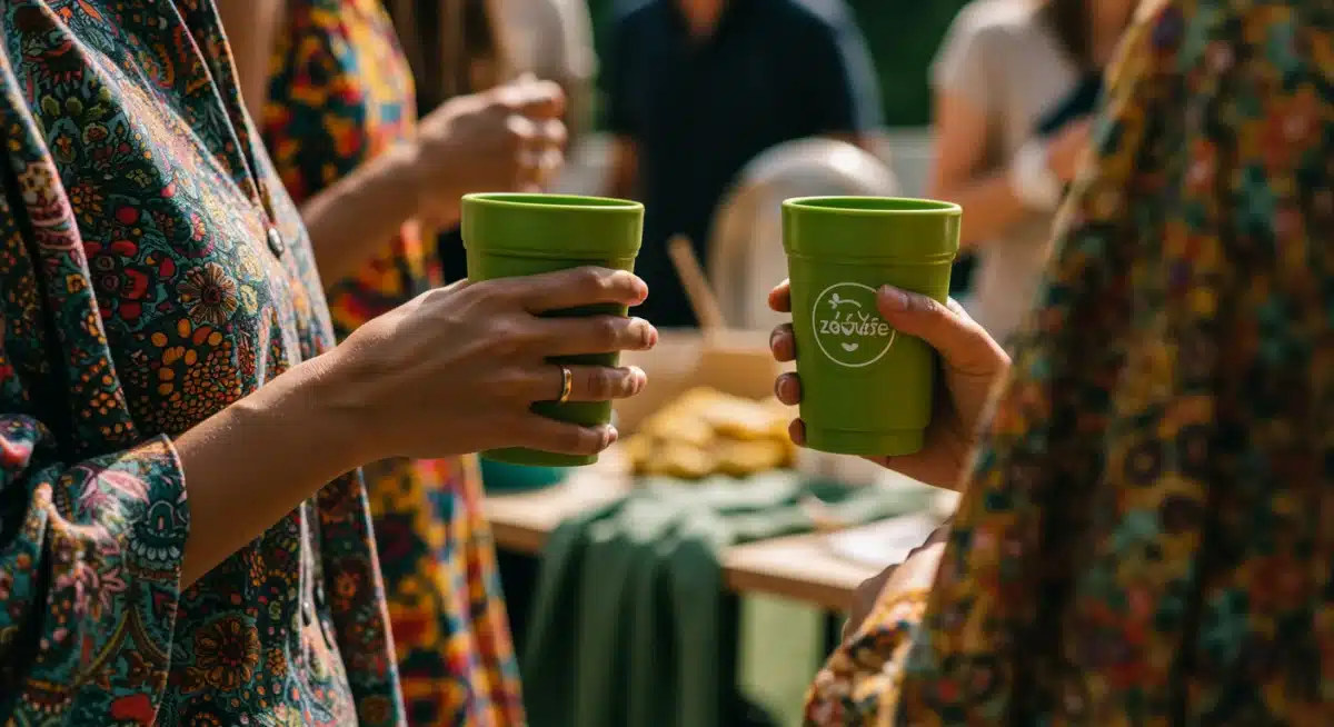 Attendee at a sustainable fashion event using reusable items, highlighting eco-conscious choices.