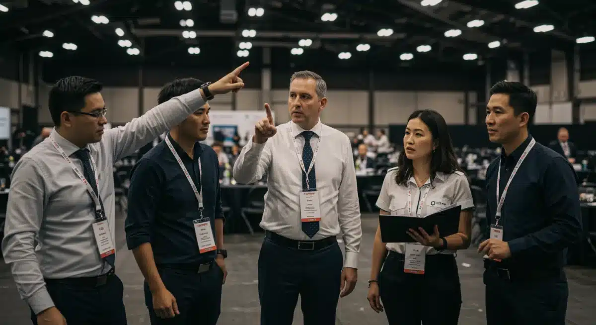 Event staff reviewing emergency plans at a fashion show venue