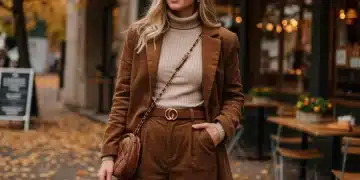 Woman in stylish corduroy outfit for fall fashion
