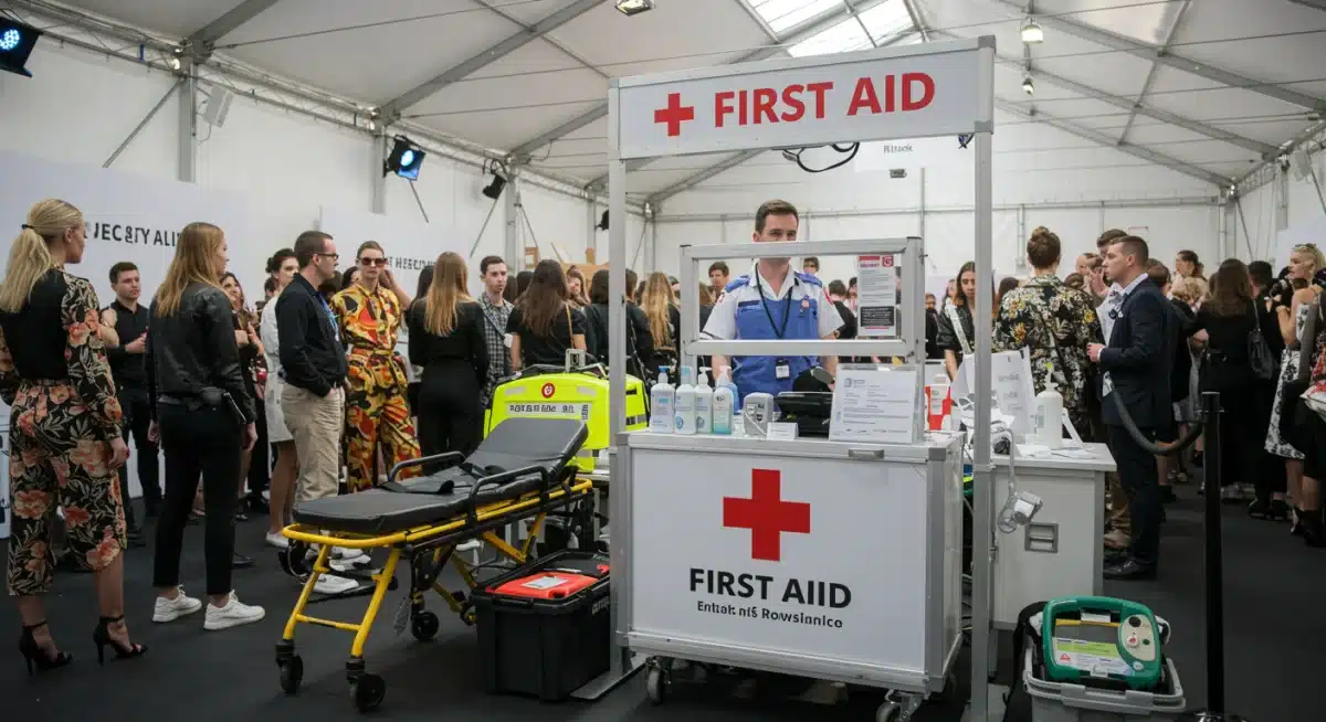 First aid station with medical personnel at a fashion event