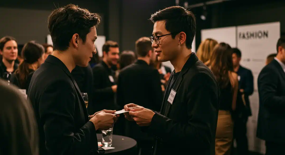 Professional networking at a fashion industry event, exchanging contact information.