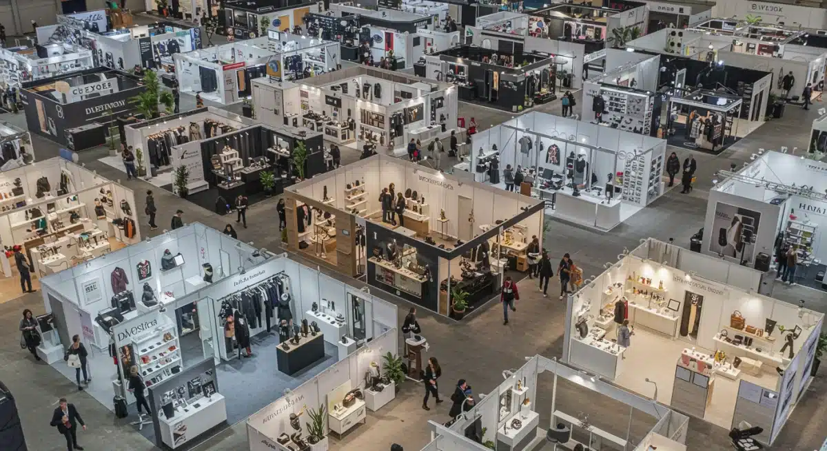Busy fashion trade show floor with attendees and exhibitors.
