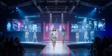 Futuristic fashion event runway with holographic screens and digital tech, showcasing advanced event technology.
