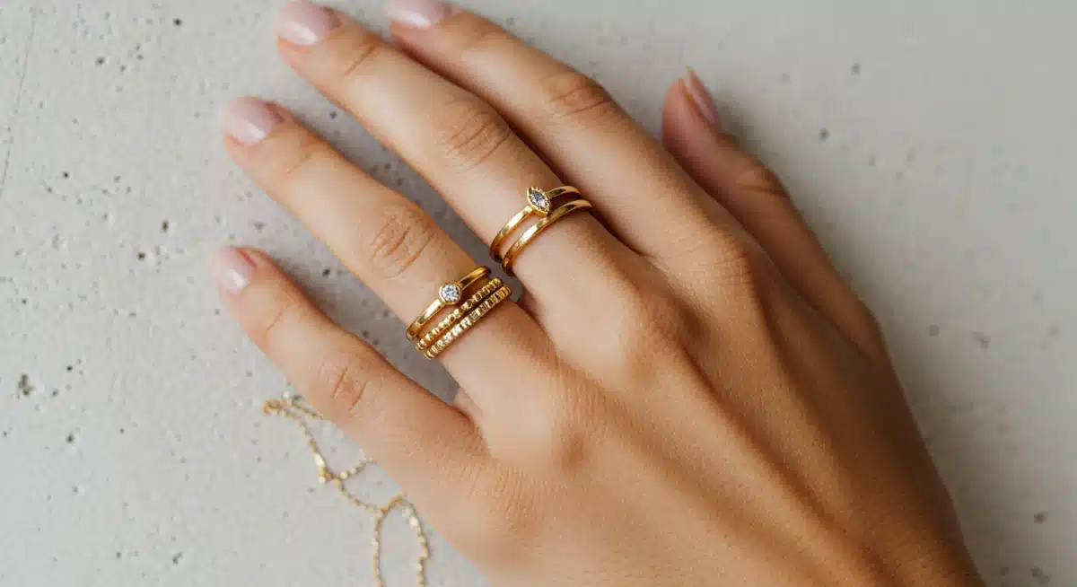 Dainty gold rings and minimalist bracelet on hand