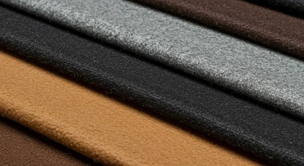Close-up of various high-quality coat fabrics
