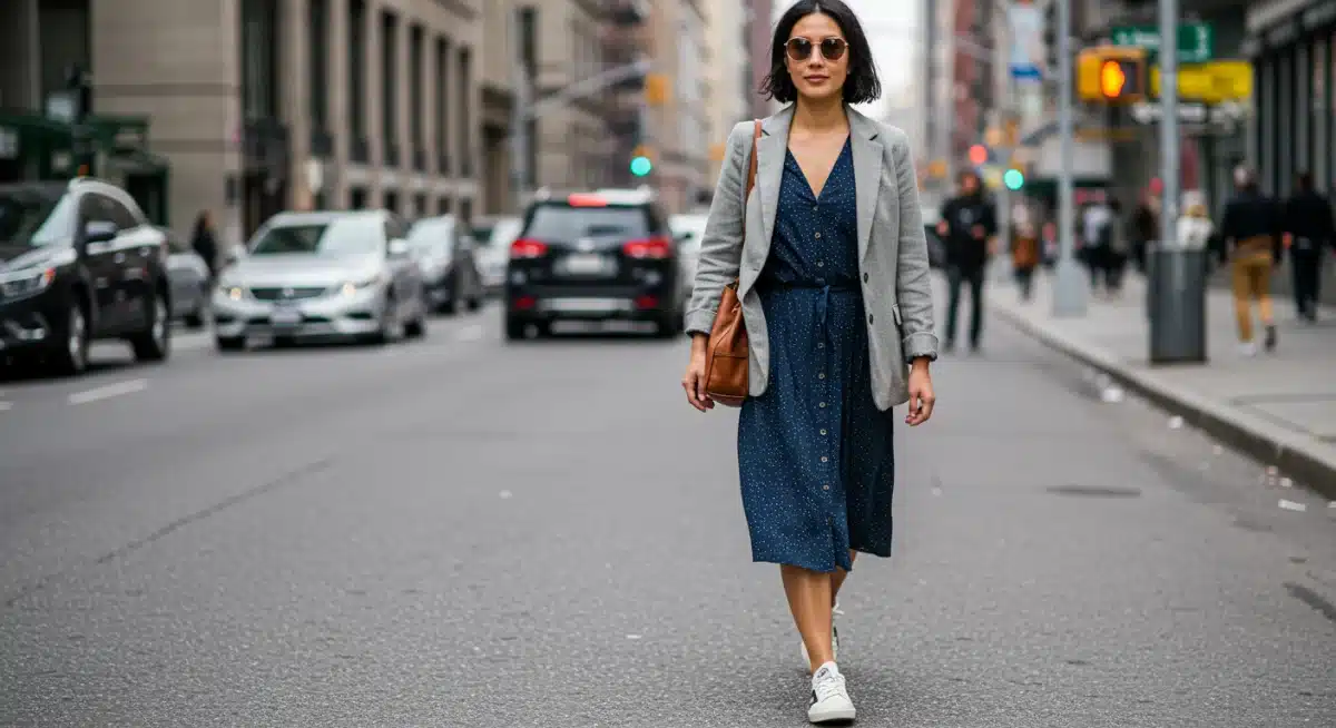 Woman styling a multipurpose dress with a blazer and sneakers for a chic city look.