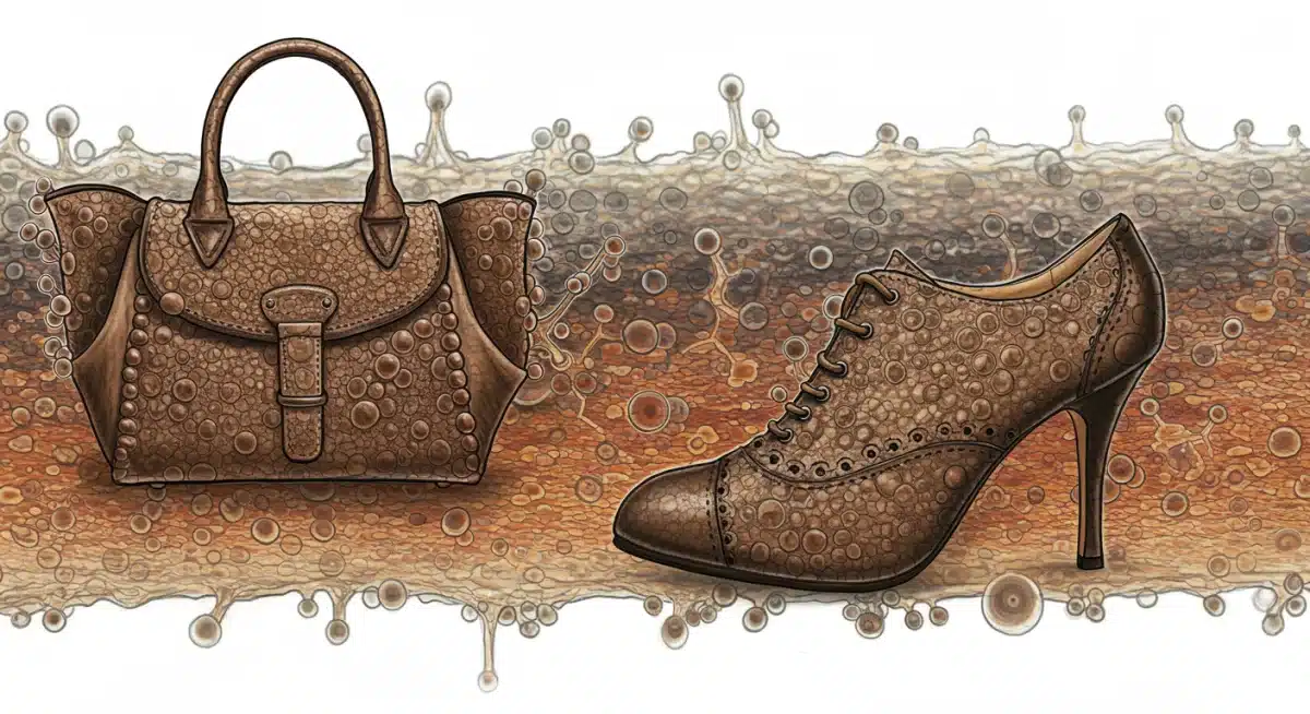 Mycelium leather handbag and shoe with microscopic mycelium illustration