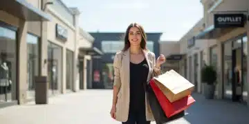 Woman with shopping bags leaving a modern outlet mall, depicting successful designer deals.
