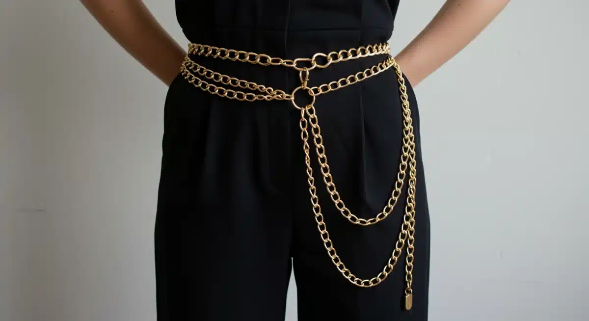 Stylish oversized gold chain belt adorning a black jumpsuit, adding vintage glamour.