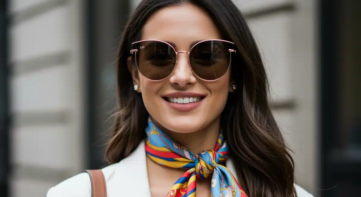 Woman in oversized sunglasses and silk scarf