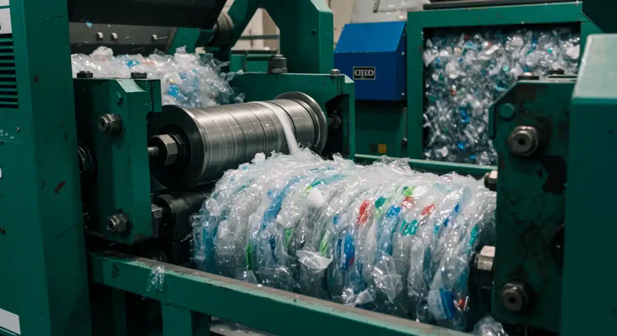 PET plastic bottles being recycled into new polyester fibers.