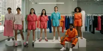 Sustainable fashion display with garments made from recycled polyester in a US store.