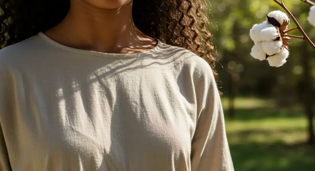 Model wearing a soft, natural regenerative cotton garment outdoors