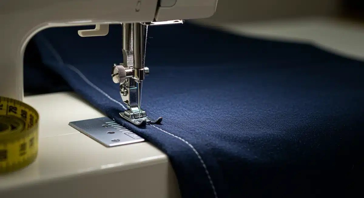 Sewing machine stitching a hem on trousers, demonstrating practical clothing repair.