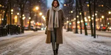 Woman in stylish oversized wool coat and cashmere scarf on a snowy city street