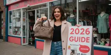 Woman proudly displaying a designer find outside a thrift store, embodying the 2026 guide to budget fashion.