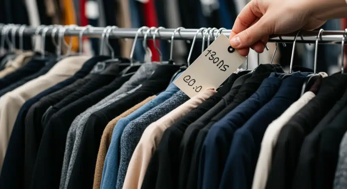 Hand sifting through a rack of clothes in a thrift store, looking for quality fabrics and designer labels.