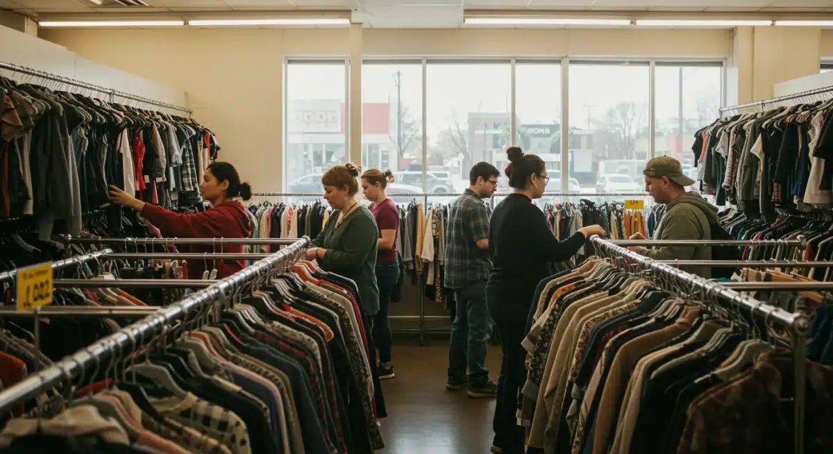 Thrift store aisle with organized clothes, people browsing for budget fashion.