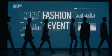 Attendees at a US fashion event with digital screens displaying 2026 event details and data graphics.