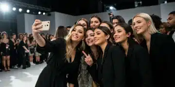 Fashion influencer engaging with attendees at a bustling US fashion event, demonstrating increased attendance.