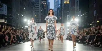 Models on a runway at a major US fashion event, showcasing innovative designs.