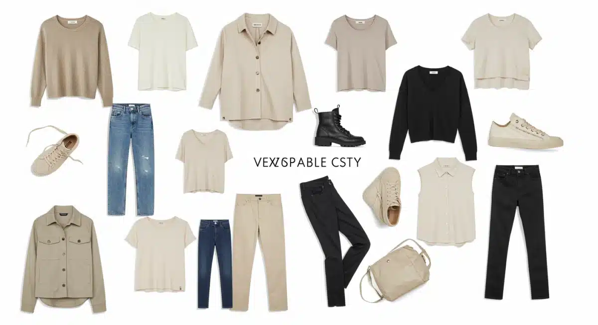 Layout of 15 versatile clothing items for a capsule wardrobe