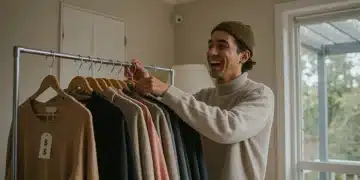 Woman smiling, organizing a budget-friendly wardrobe with stylish, affordable clothes.