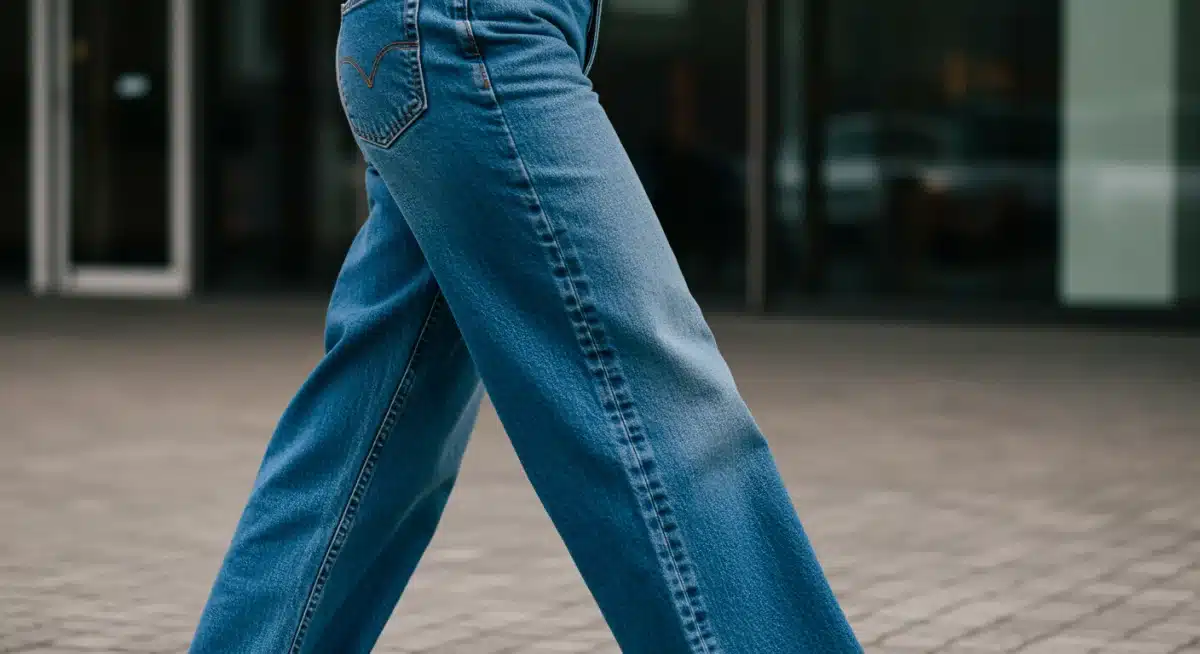 Fashionable individual wearing high-waisted wide-leg jeans, highlighting contemporary denim trends.