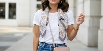 Woman accessorizing simple outfit with budget-friendly jewelry, bag, and scarf
