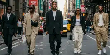 Stylish individuals showcasing celebrity-inspired street style in a US city, 2026.