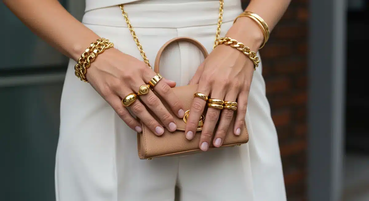 Chunky gold jewelry and structured mini-bag, affordable celebrity accessory trend.