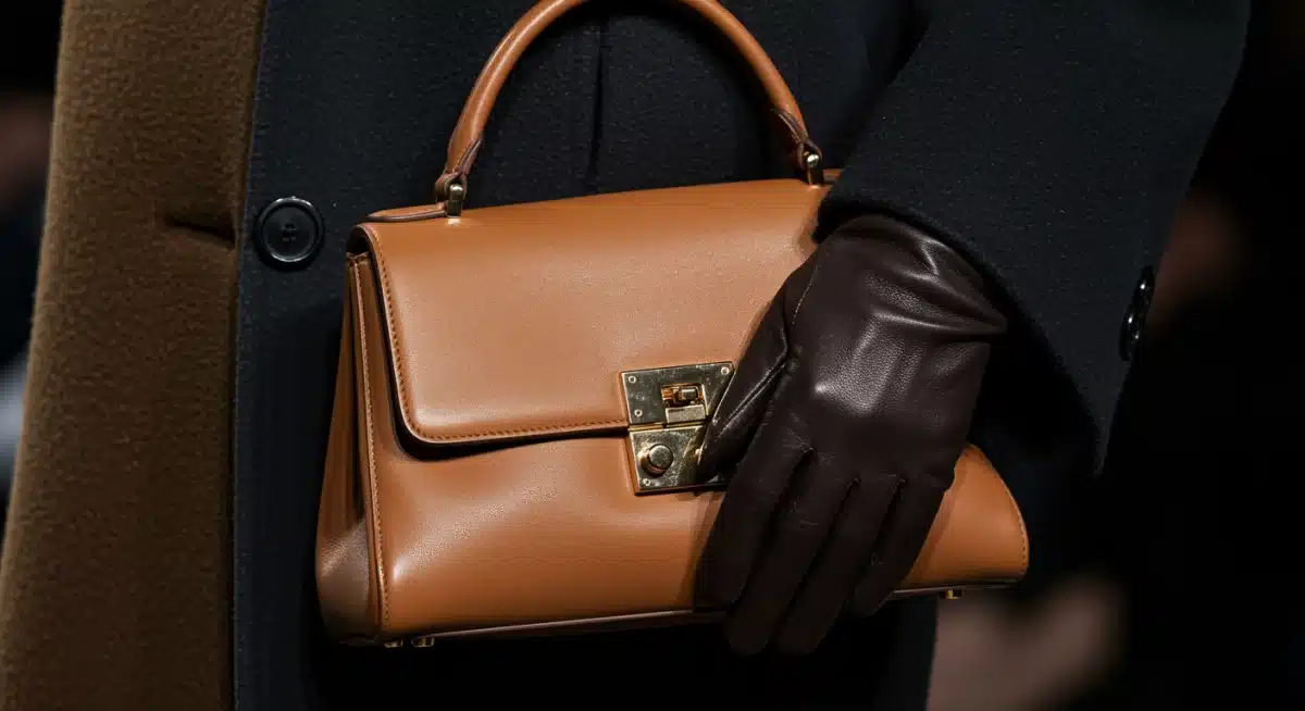 Designer handbag and leather gloves, celebrity fall accessory