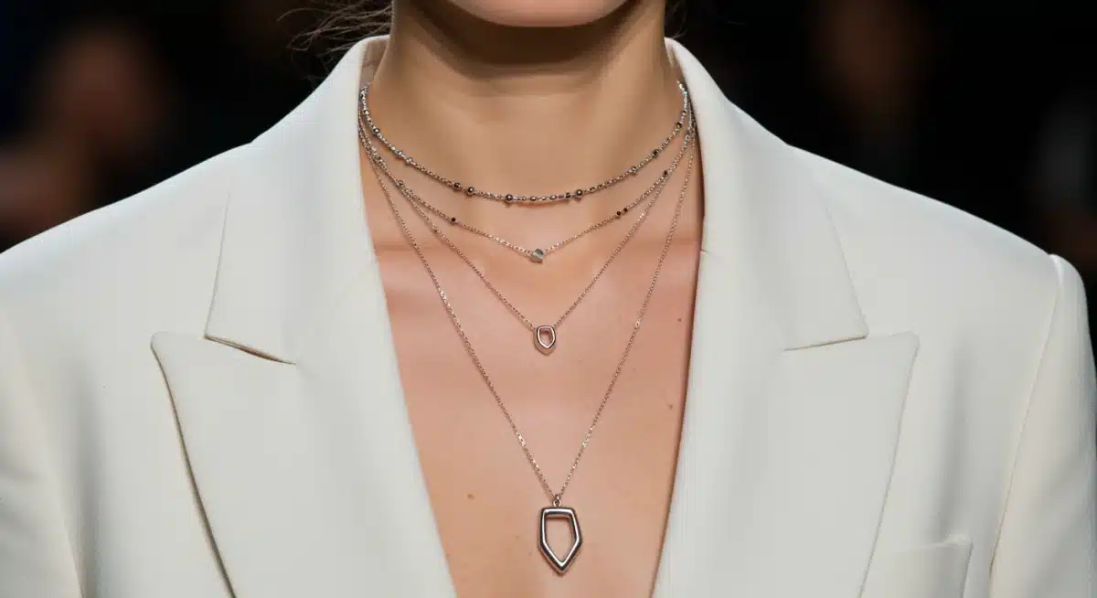 Model showcasing a trendy layered necklace style, combining fine chains with a prominent pendant, reflecting a key 2026 accessory trend.