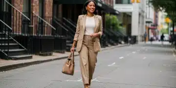 Stylish woman in affordable designer dupes walking urban street