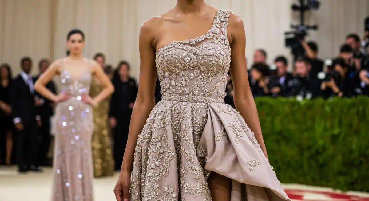Model in sophisticated, embellished deconstructed gown, embodying Met Gala fashion.