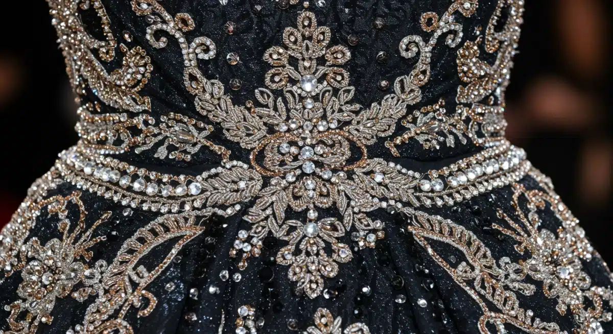 Close-up of luxurious fabric with elaborate embroidery and custom beading, showcasing high-fashion detail.
