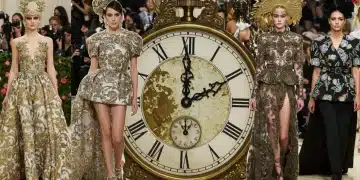 Avant-garde fashion collage with clock, symbolizing time-sensitive Met Gala style opportunity.
