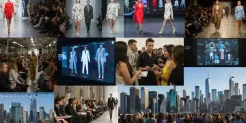Dynamic collage representing 2026 US Fashion Week, blending physical runways with digital showcases and diverse attendees.