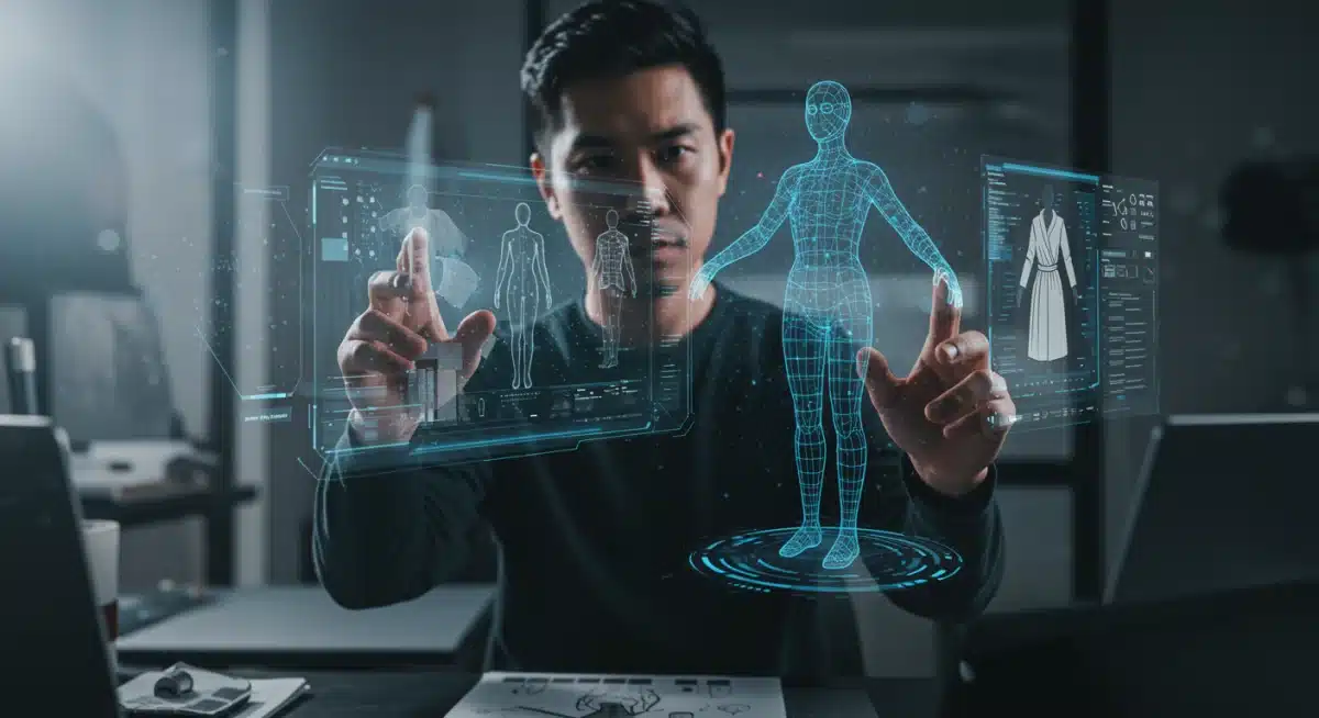 Fashion designer utilizing holographic and AI tools for virtual garment creation