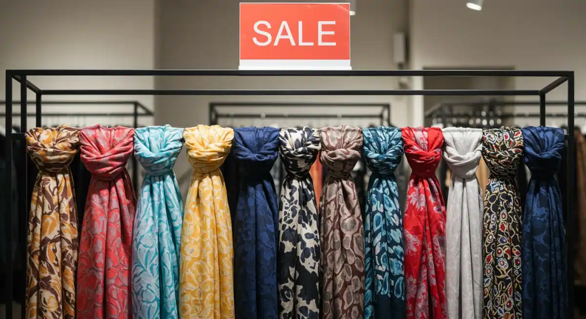 Colorful patterned scarves on display, affordable fashion accessories