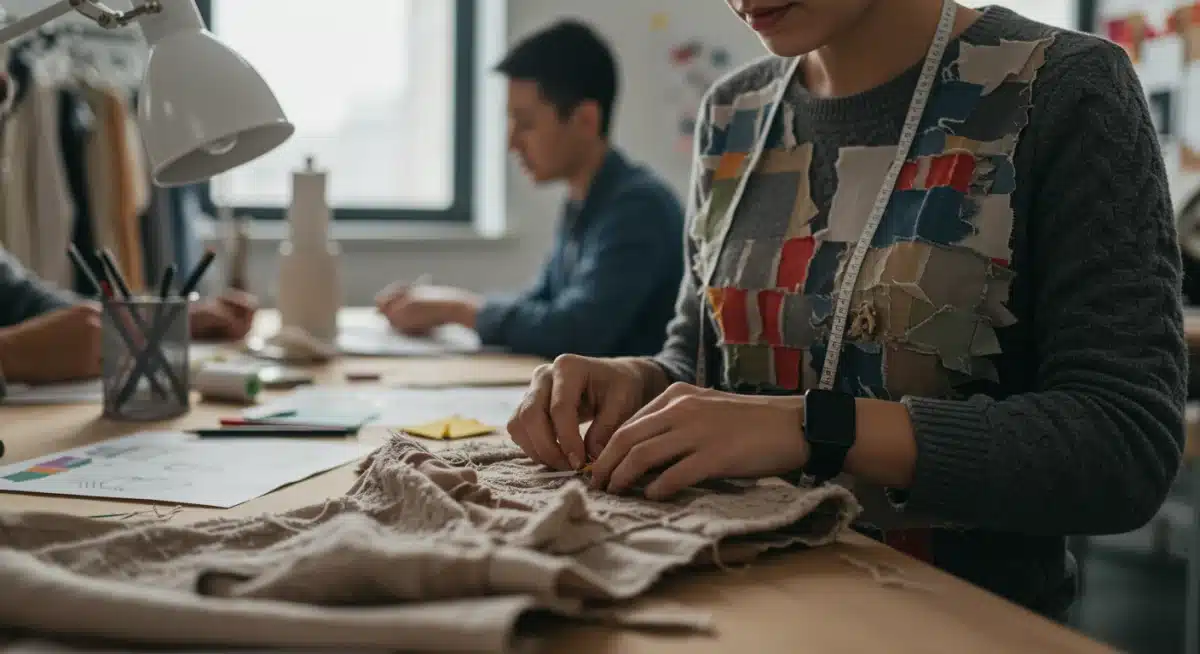 Designer meticulously crafting sustainable garment from recycled textiles