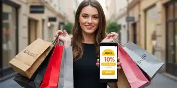 Woman happily using a fashion loyalty program app after shopping