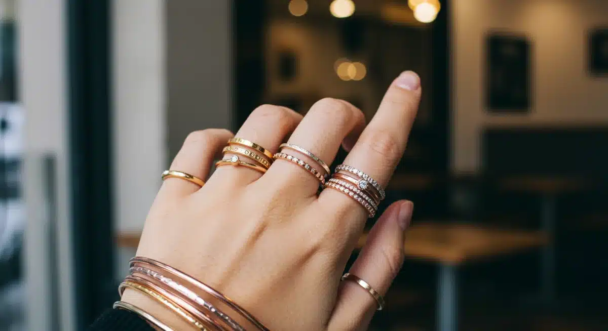 Close-up of mixed-metal rings and bangles, affordable jewelry styling