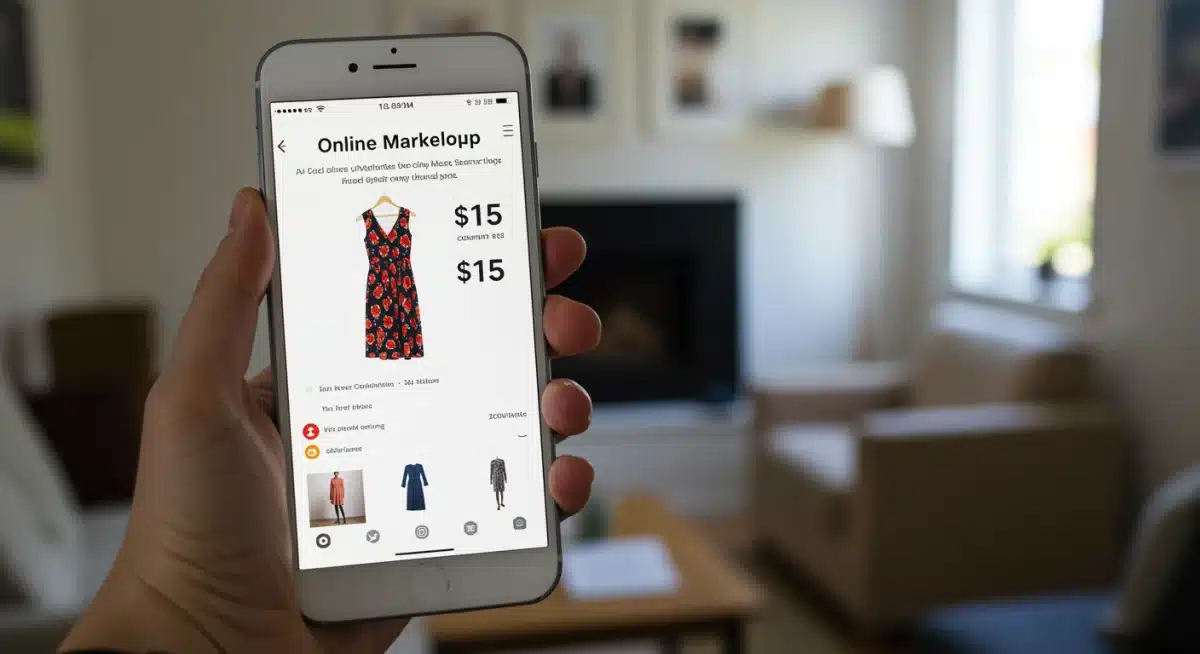 Hand holding a smartphone browsing an online thrift store app for budget fashion.