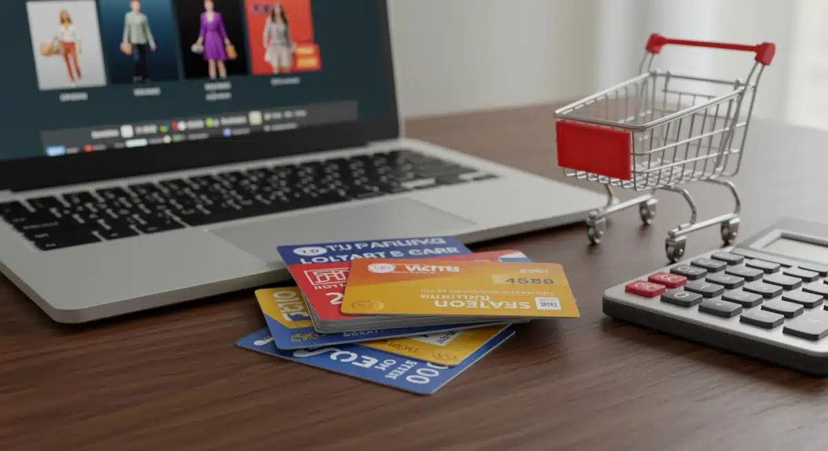 Physical loyalty cards and a laptop showing online fashion shopping for rewards