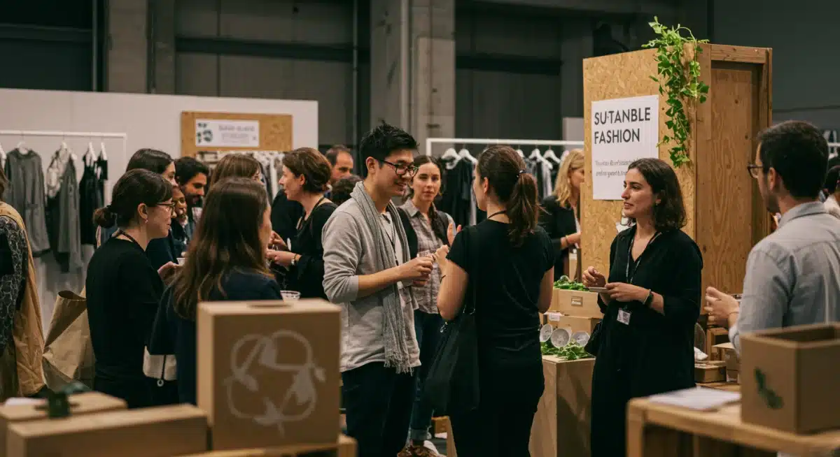 Fashion professionals networking at a sustainable and eco-friendly event