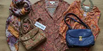 Stylish thrifted items including a scarf, handbag, blouse, and necklace, all under $25.