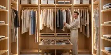Woman organizing a minimalist, budget-friendly closet for 2026 style