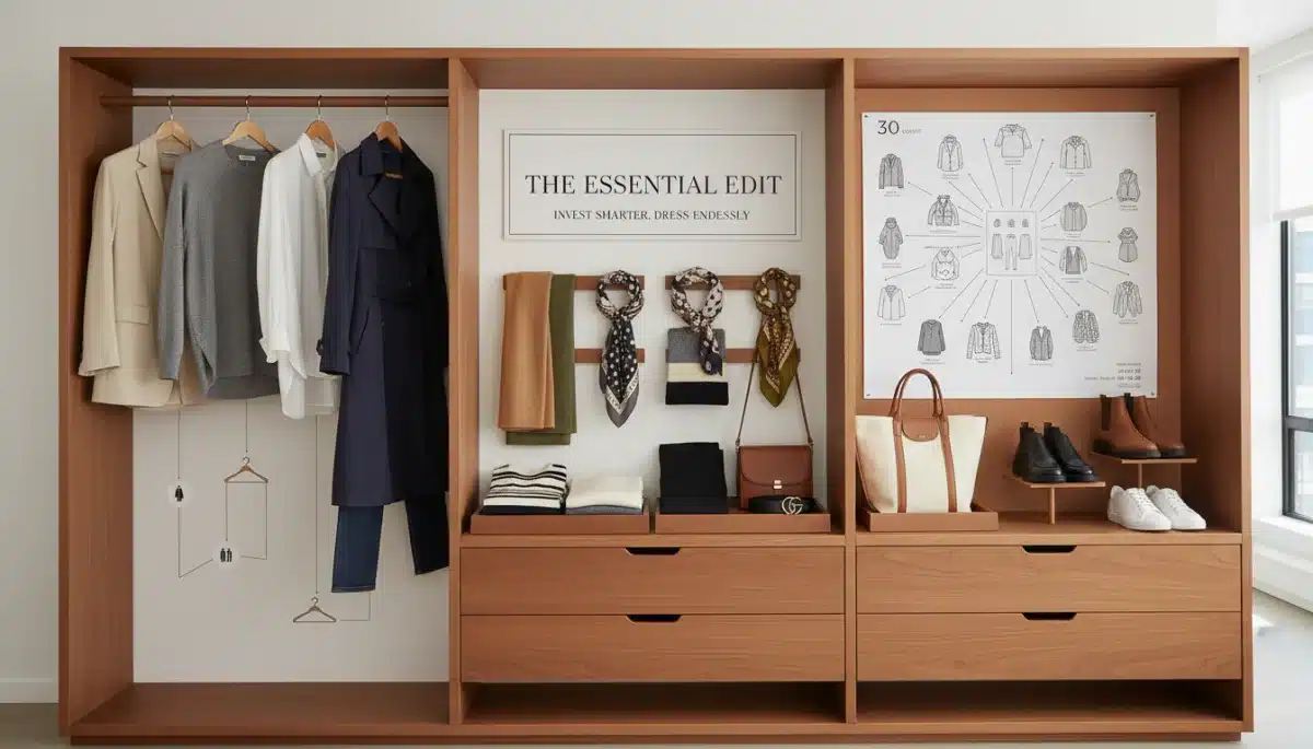 Capsule wardrobe display with versatile, interconnected clothing items