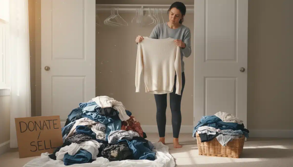 Person decluttering wardrobe, deciding on clothes to keep or donate